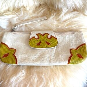Claudia Firenze Leather Clutch Embossed White Green Tan Croc & Snake Textured